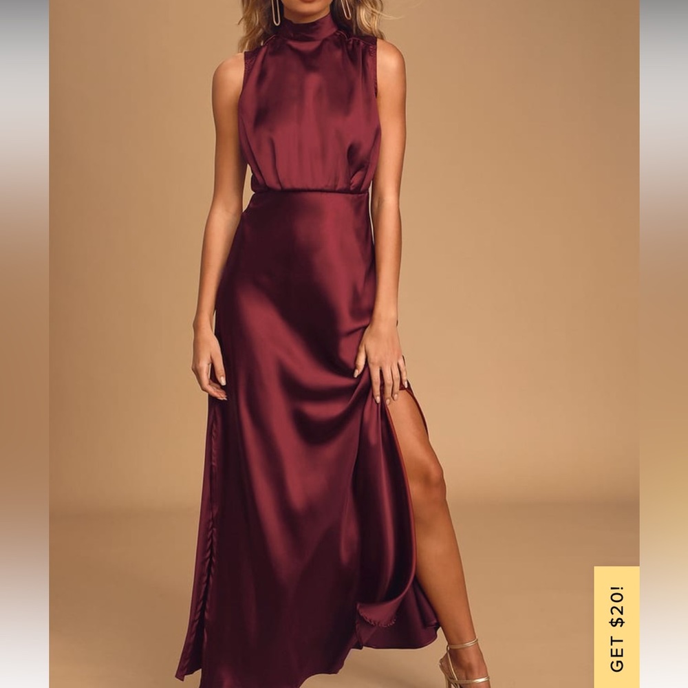 Lulu’s Classic Elegance Wine Satin Sleeveless Mock Neck Maxi Dress small NWT